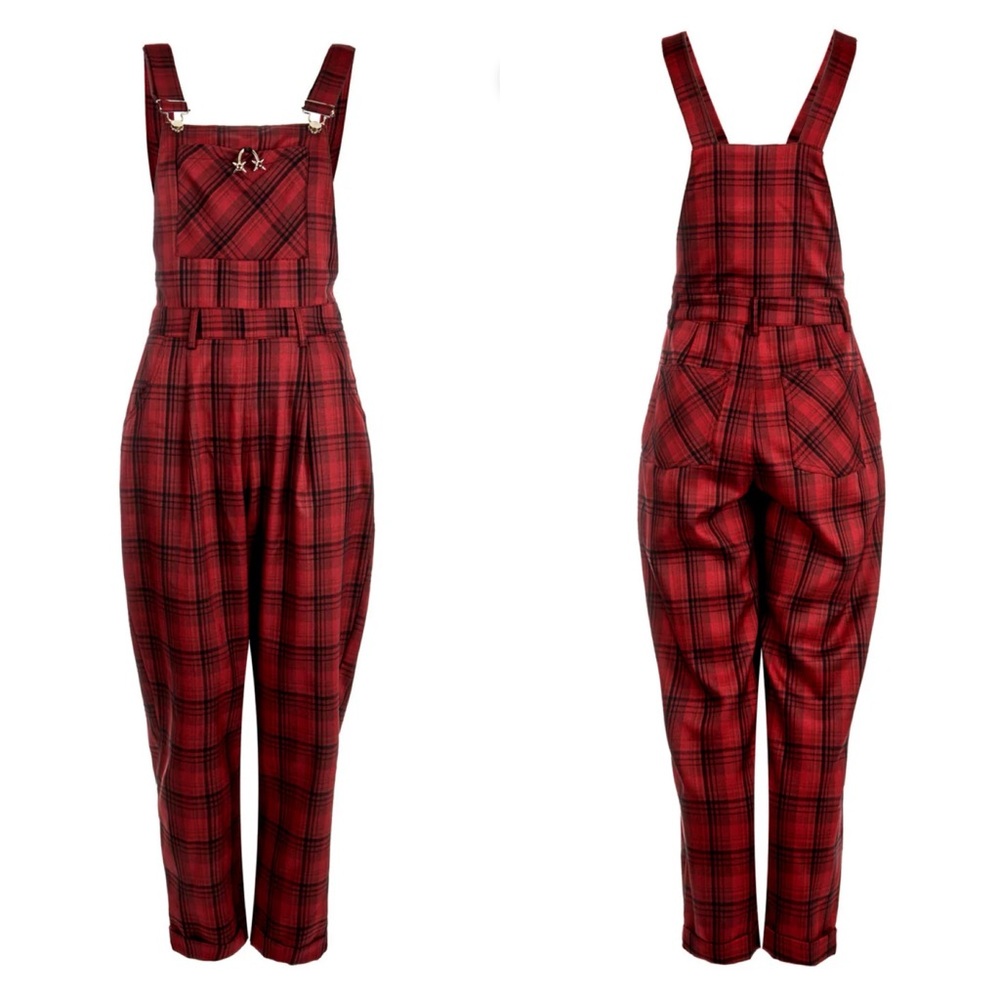 Disturbia Ferreira Mom Dungarees Buffalo Plaid Overalls Goth Grunge Punk Red - Picture 5 of 14